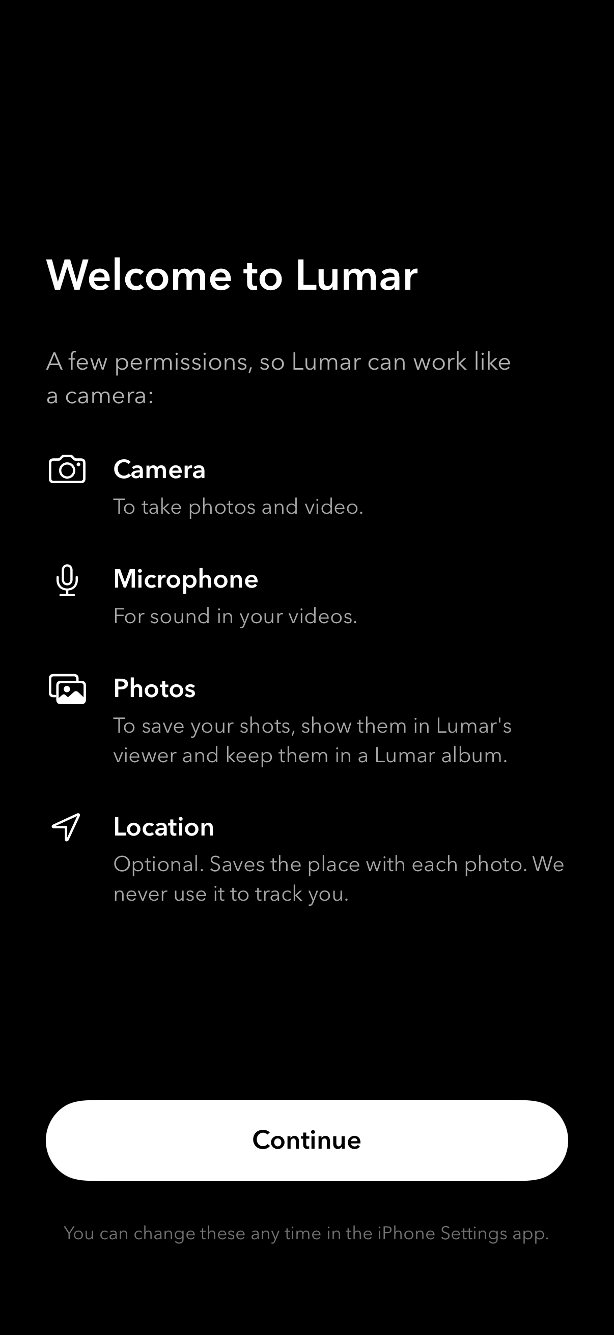 The welcome screen listing the permissions Lumar asks for